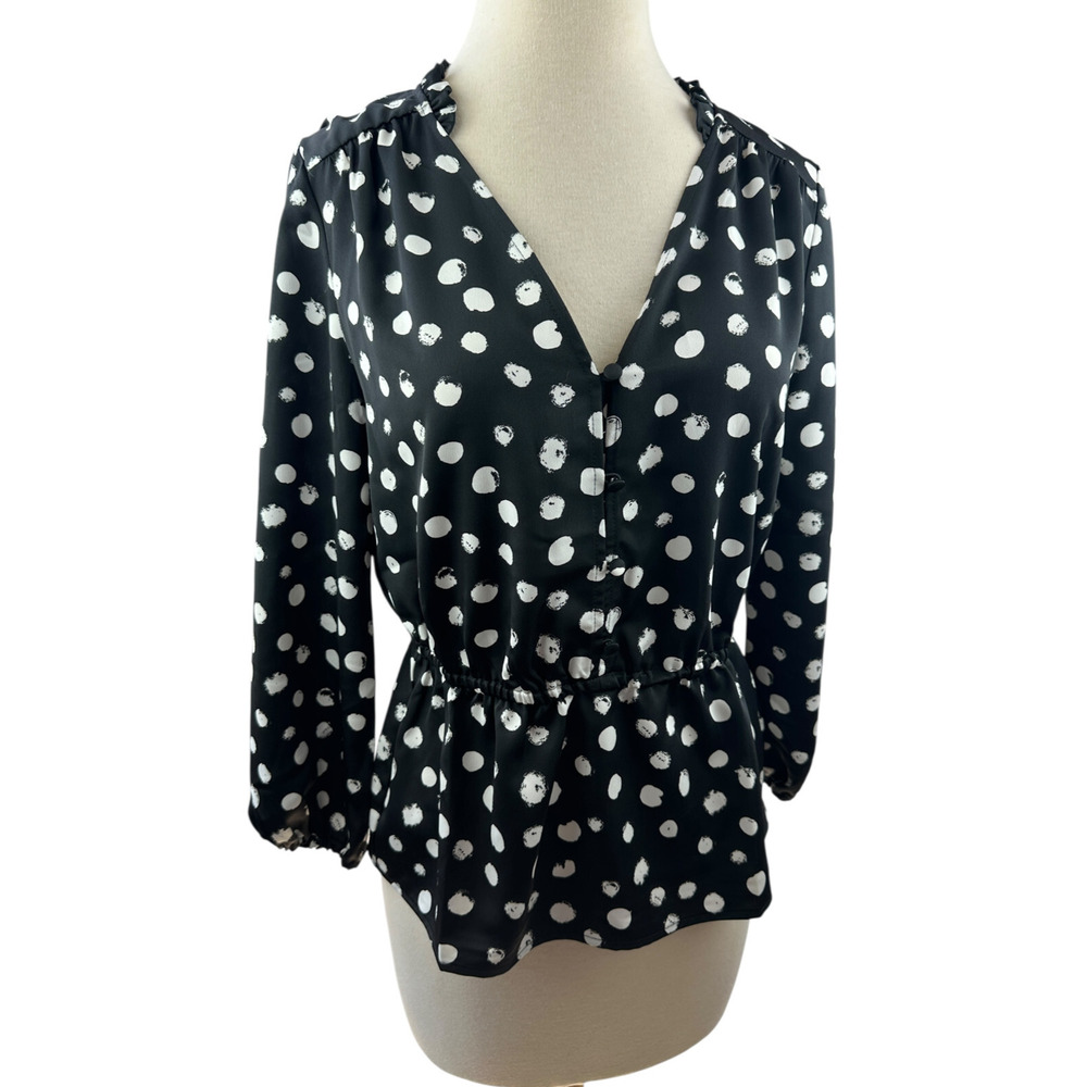 NWT J.Crew Peplum Blouse Painted Dot Satin Backed Crepe Polka Dot Black Size 2 - Picture 12 of 13